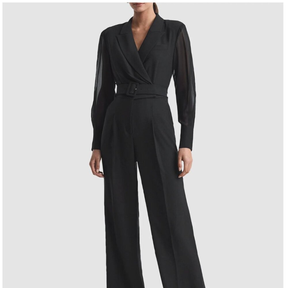 REISS Black Flora Sheer Belted Double-Breasted Jumpsuit NWT